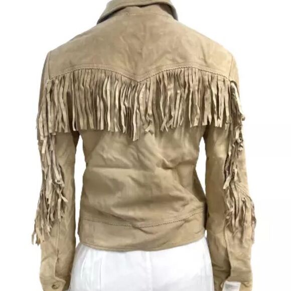 Lauren Ralph Lauren Women’s Fringe Trim Goat Suede Jacket Western Beige NWT $650 - Picture 5 of 16